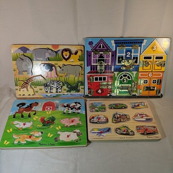 Melissa & Doug 4 Lot Wooden Sound Puzzles Safari Vehicle Farm Animals Latches - Picture 1 of 16